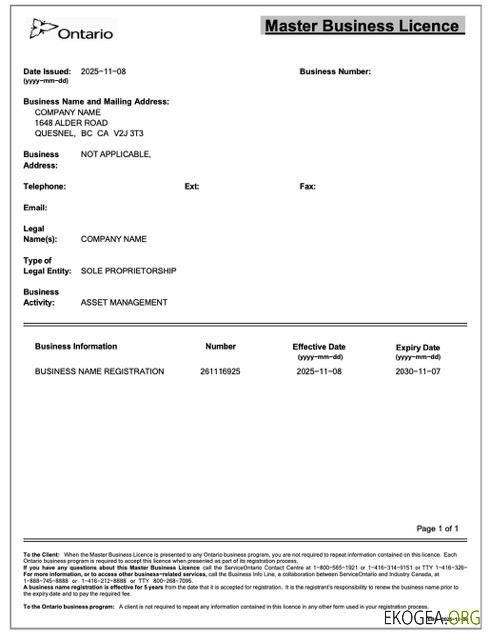 Modèle Word et PDF de licence commerciale principale Canada Ontario